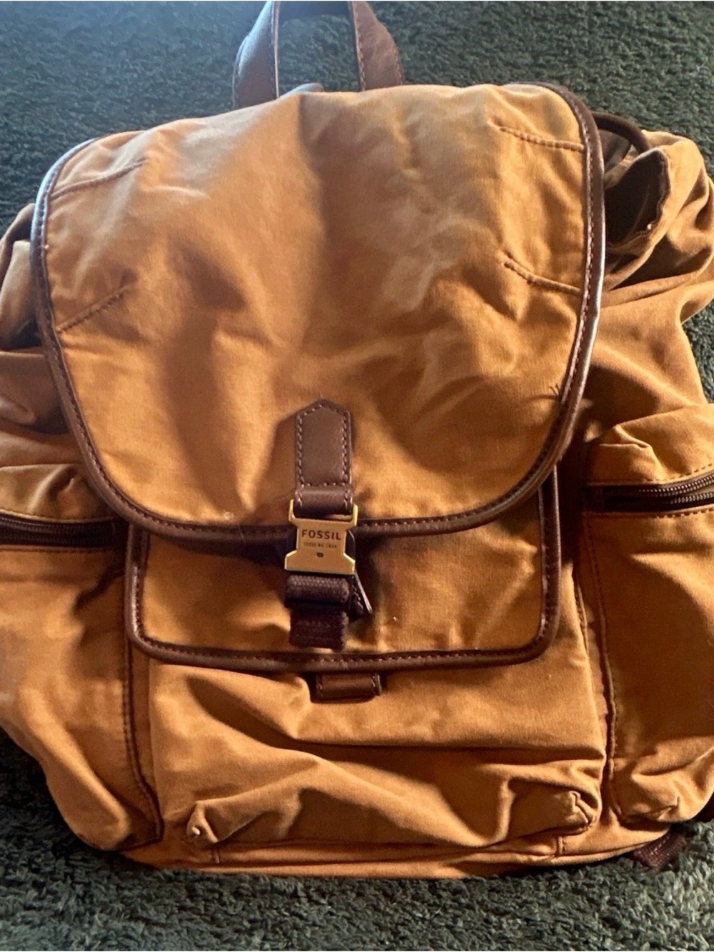 Fossil Tan Canvas Backpack with Dark Brown Trim